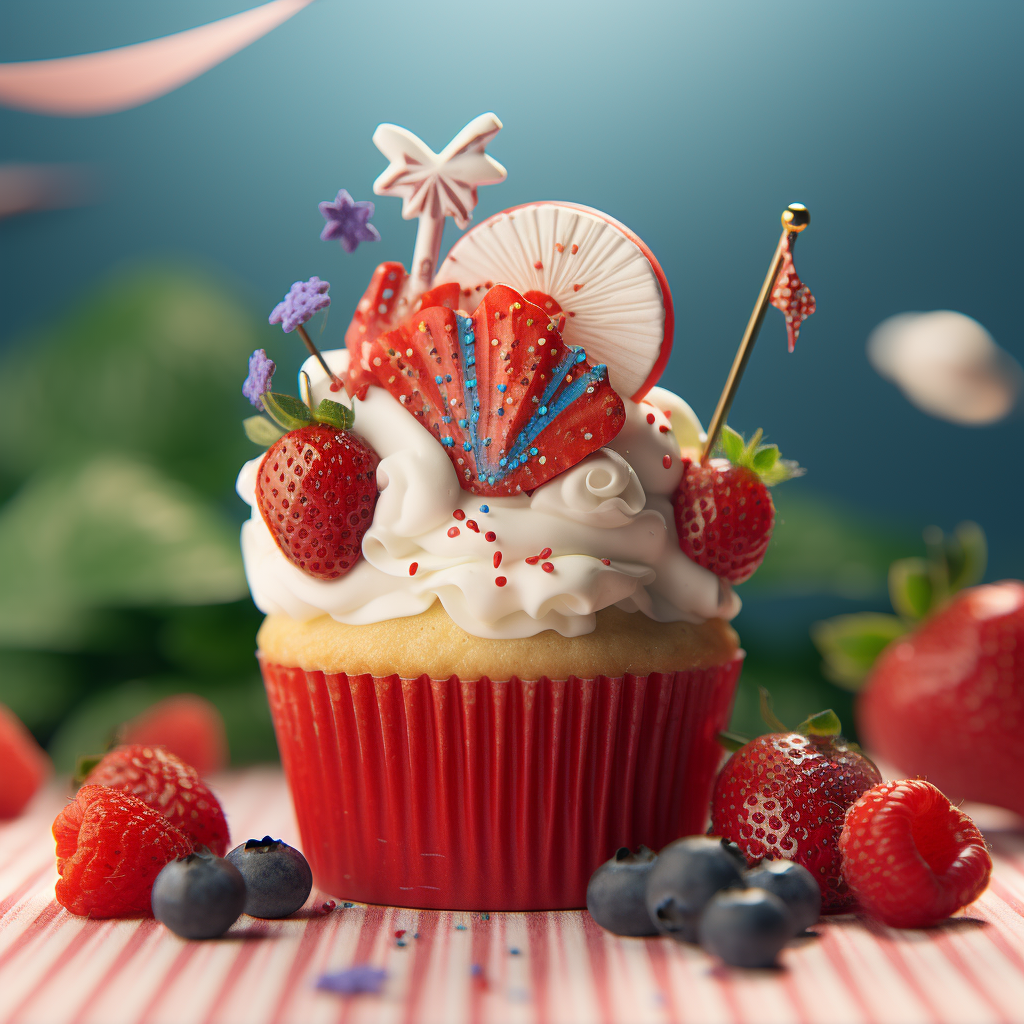 This cupcake features red, white, and blue coloring with strawberries and blueberries