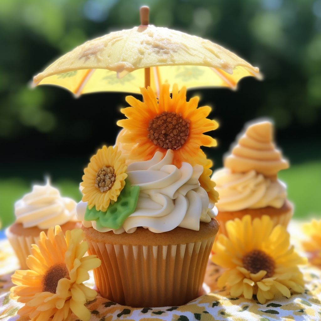 This cupcake features sunflowers and a tiny umbrella protecting it from the sun