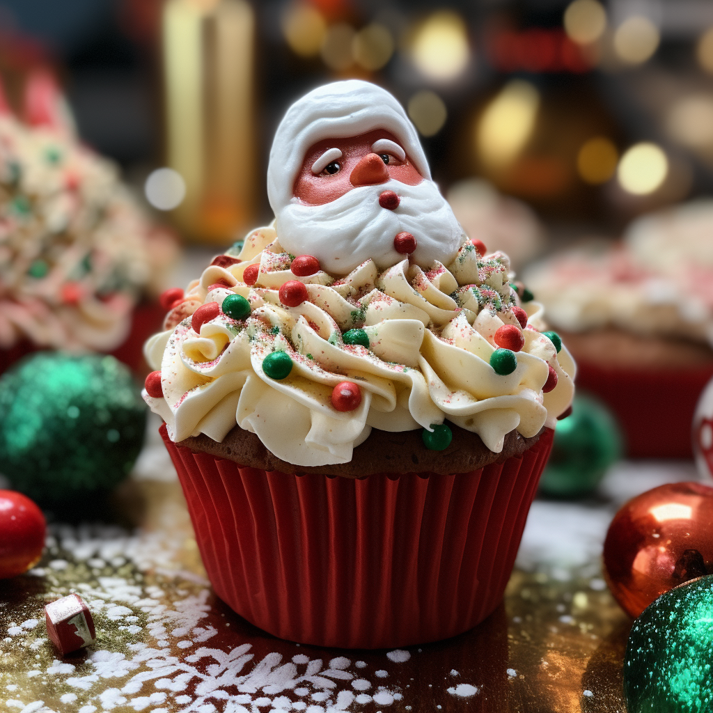 This cupcake is topped with icing made to resemble Santa Claus wearing his famous hat