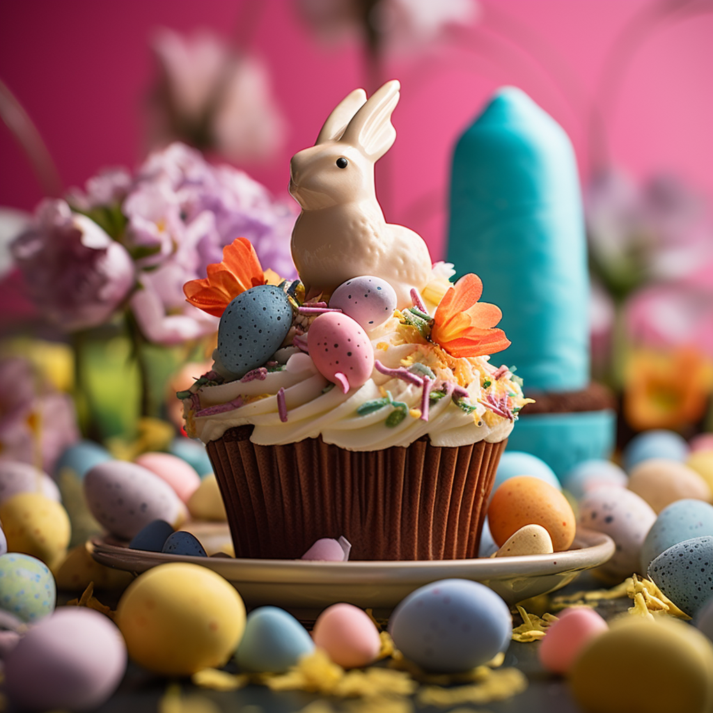 A bunny sits atop this cupcake, surrounded by eggs