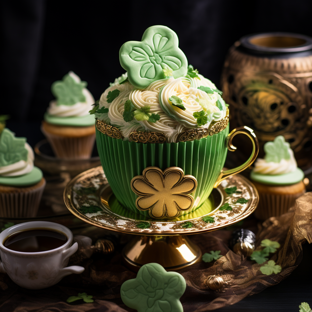 This cupcake is served inside a mug and features four-leaf clover decorations