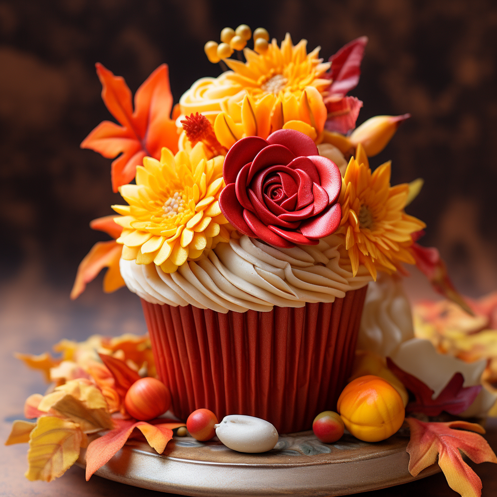This cupcake features leaves that have changed to fall colors