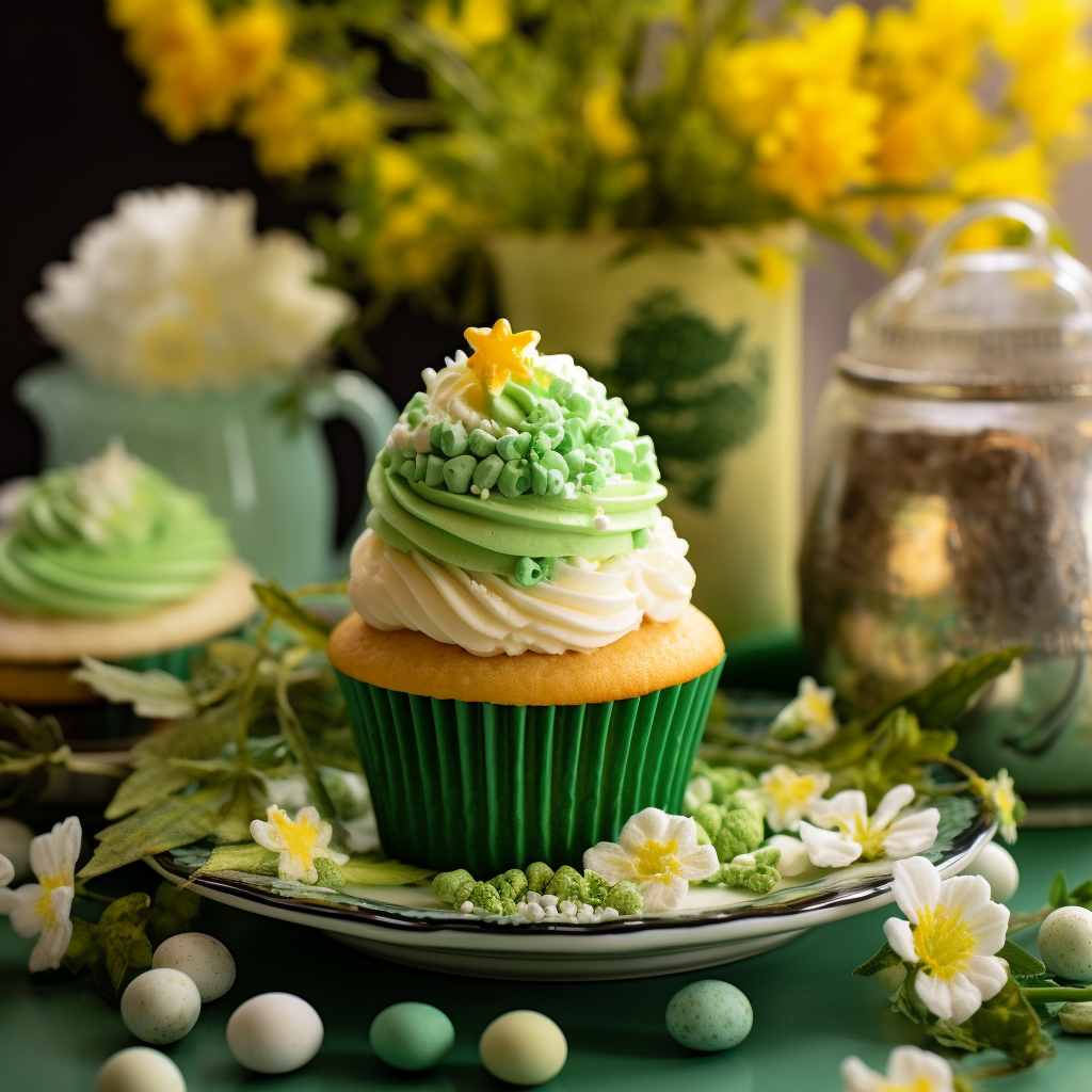 This cupcake features small flowers, petals, and eggs