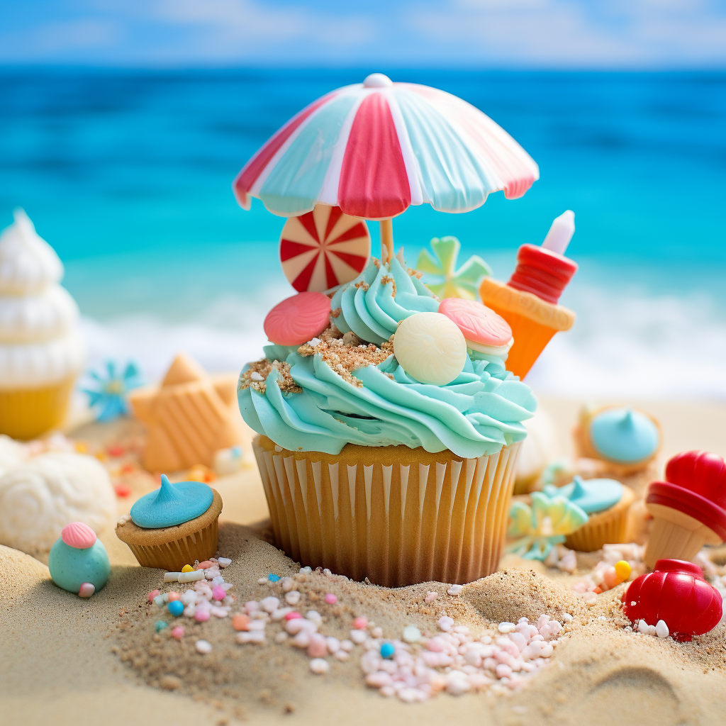 This cupcake is sitting on a beach, and features candied seashells and peppermint