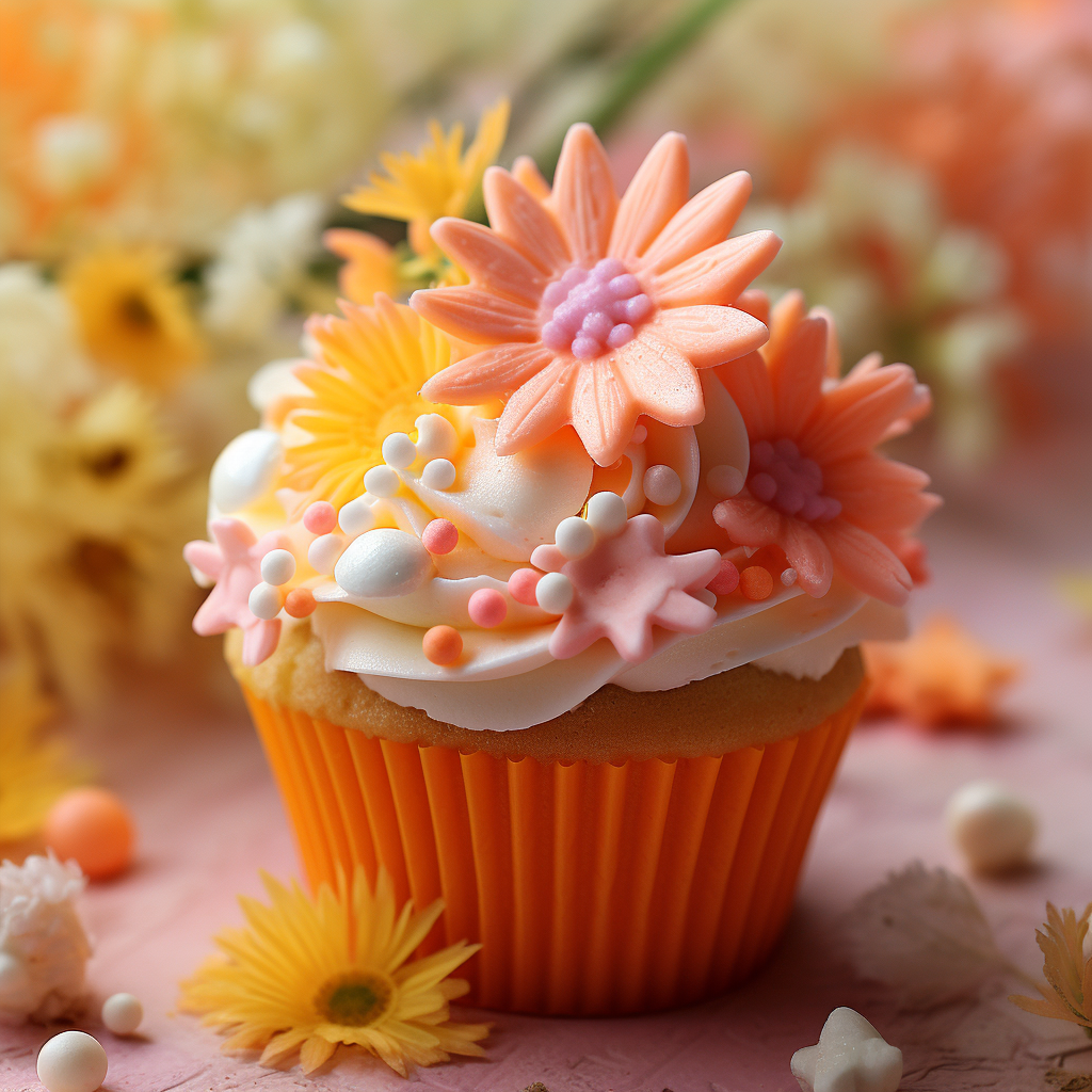 This cupcake is decorated with bright, happy colors, several pieces of small candy, and sunflowers