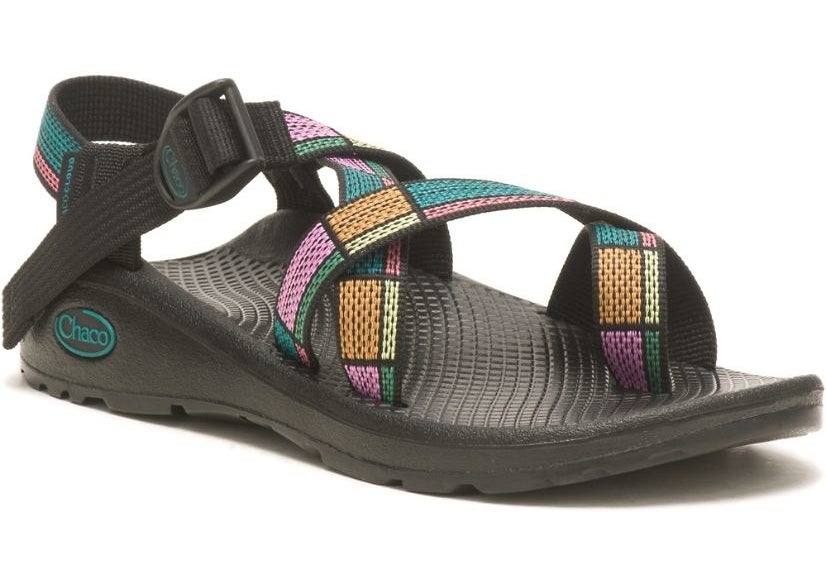 black chaco sandal with multicolored straps