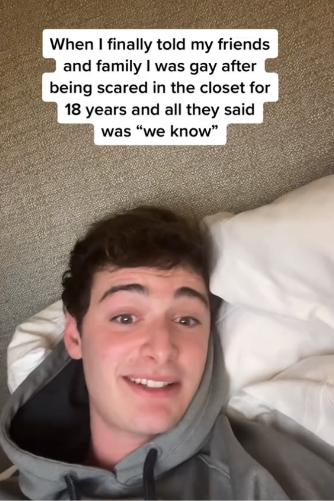 Noah&#x27;s TikTok captioned &quot;When I told my family and friends I was gay after being scared in the closet for 18 years and all they said was &#x27;we know&#x27;&quot;