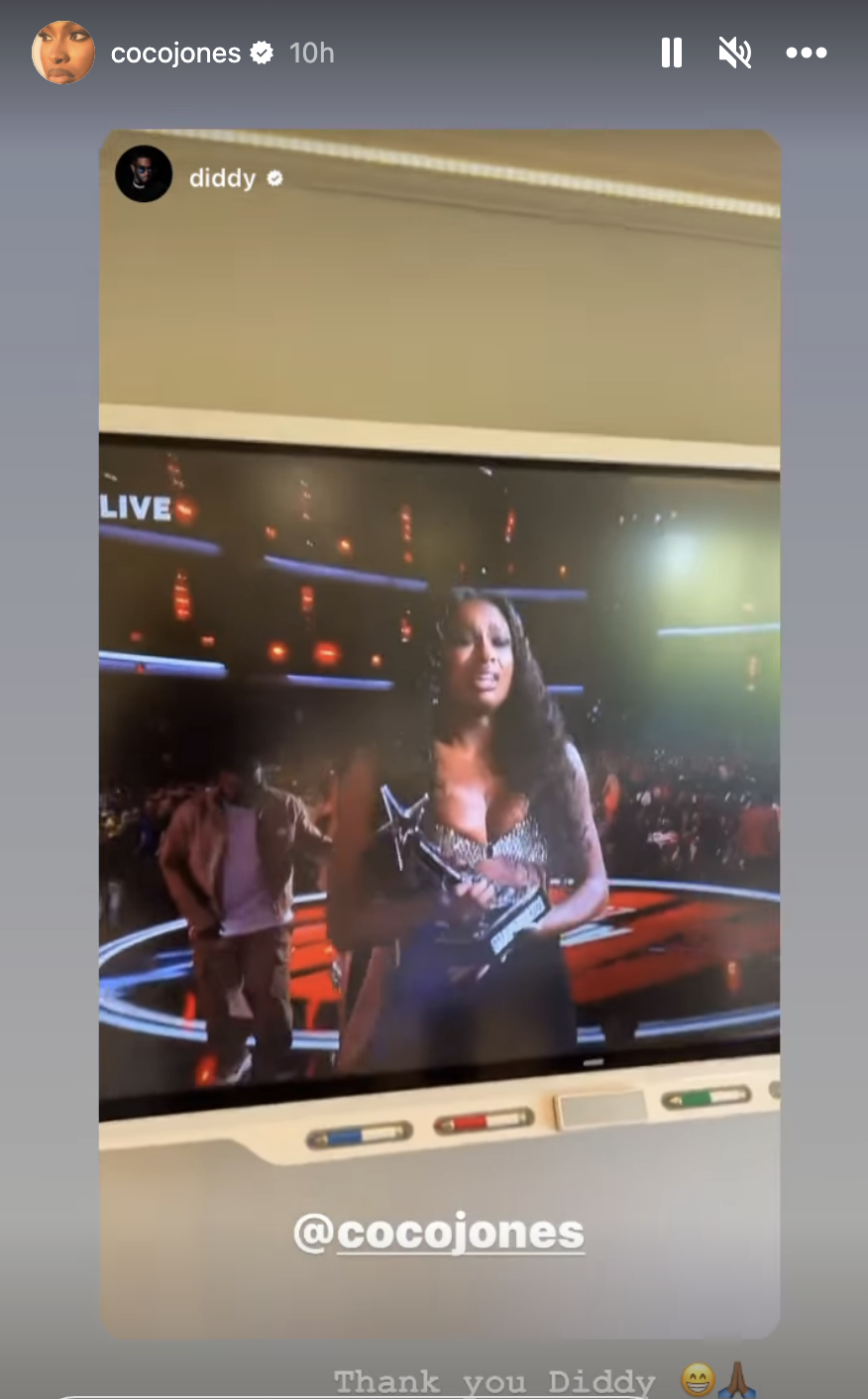 Coco posted Diddy posting her on his IG accepting her award on TV with caption &quot;Thank you Diddy&quot;