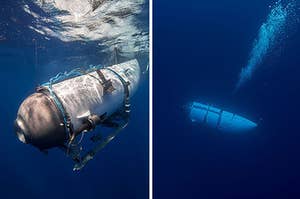 Two photos of the titan submersible, one where it's near the surface and the other very deep