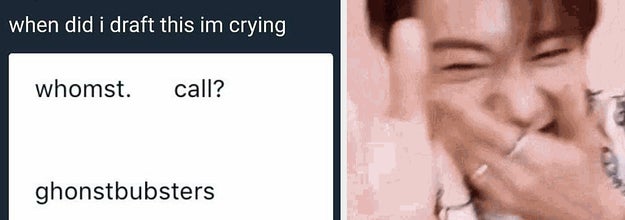 A tweet that reads "whomst call ghonstbubsters" next to Intak from P1Harmony laughing