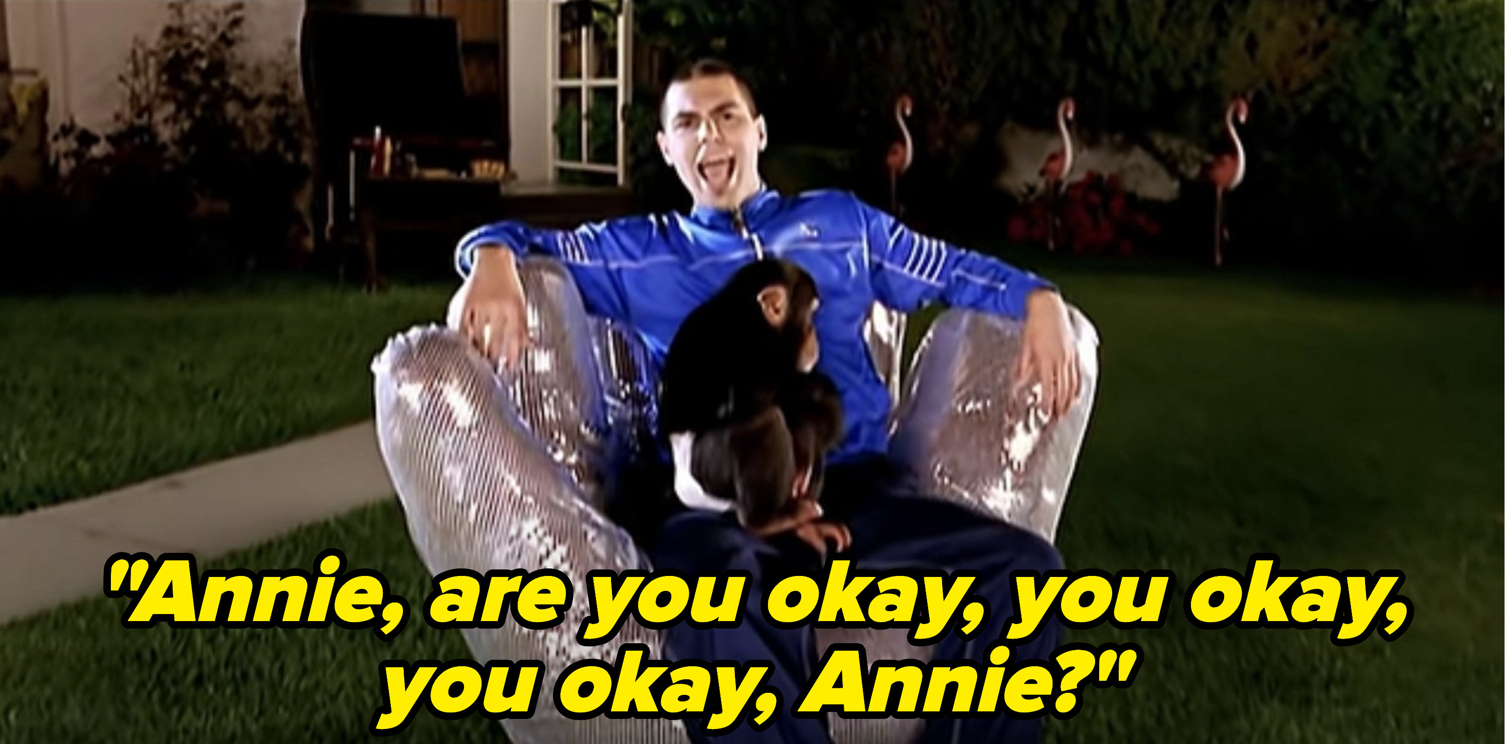 Alien Ant Farm singer sits on a silver glove chair with a monkey on his lap