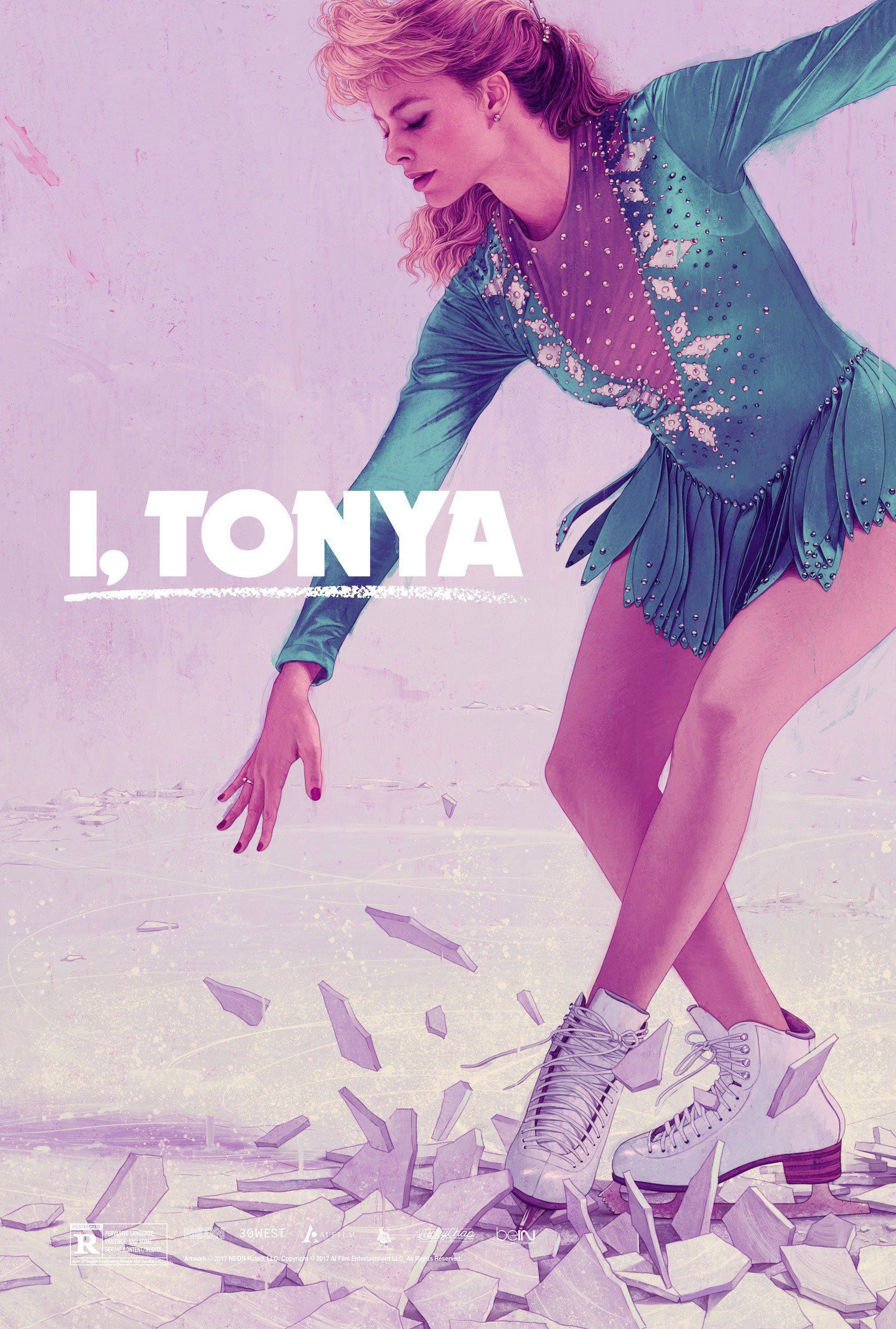 Poster image for &quot;I, Tonya&quot; with Margot Robbie in a professional skaters outfit skating on ice that is shattering below her