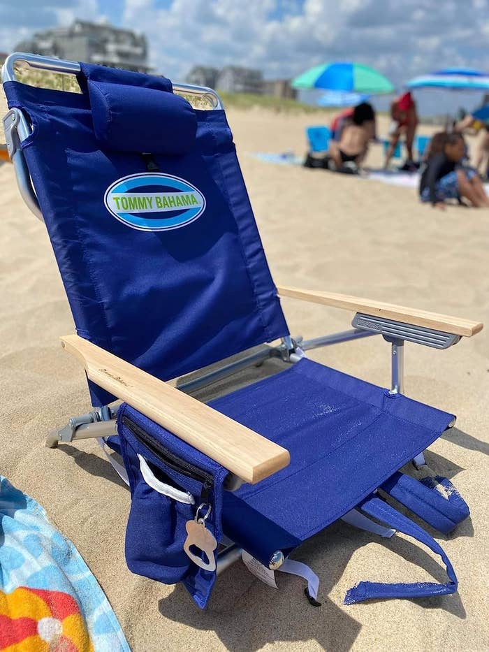 reviewer&#x27;s blue beach chair