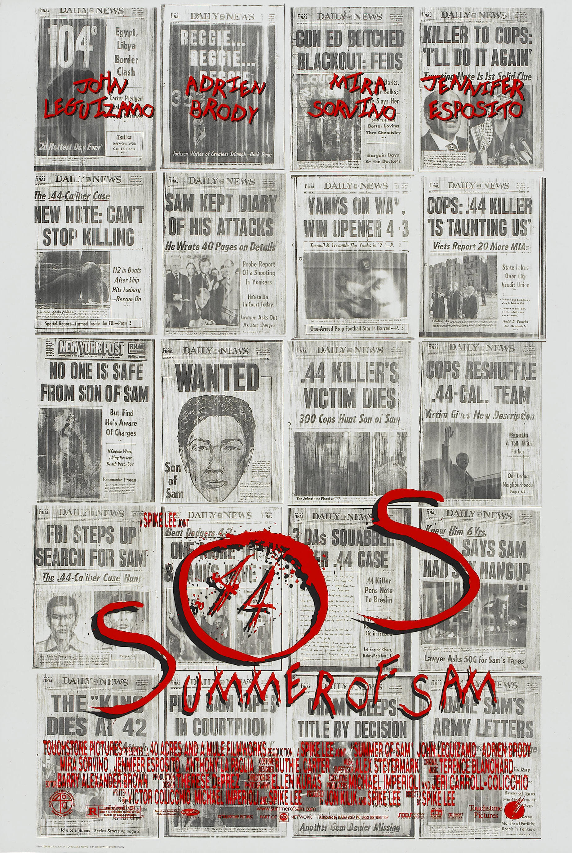 Poster image for the movie &quot;Summer of Sam&quot; showing several newspaper covers clustered together with headlines reporting on the Son of Sam killer; the title &quot;Summer of Sam&quot; is written in large red letters