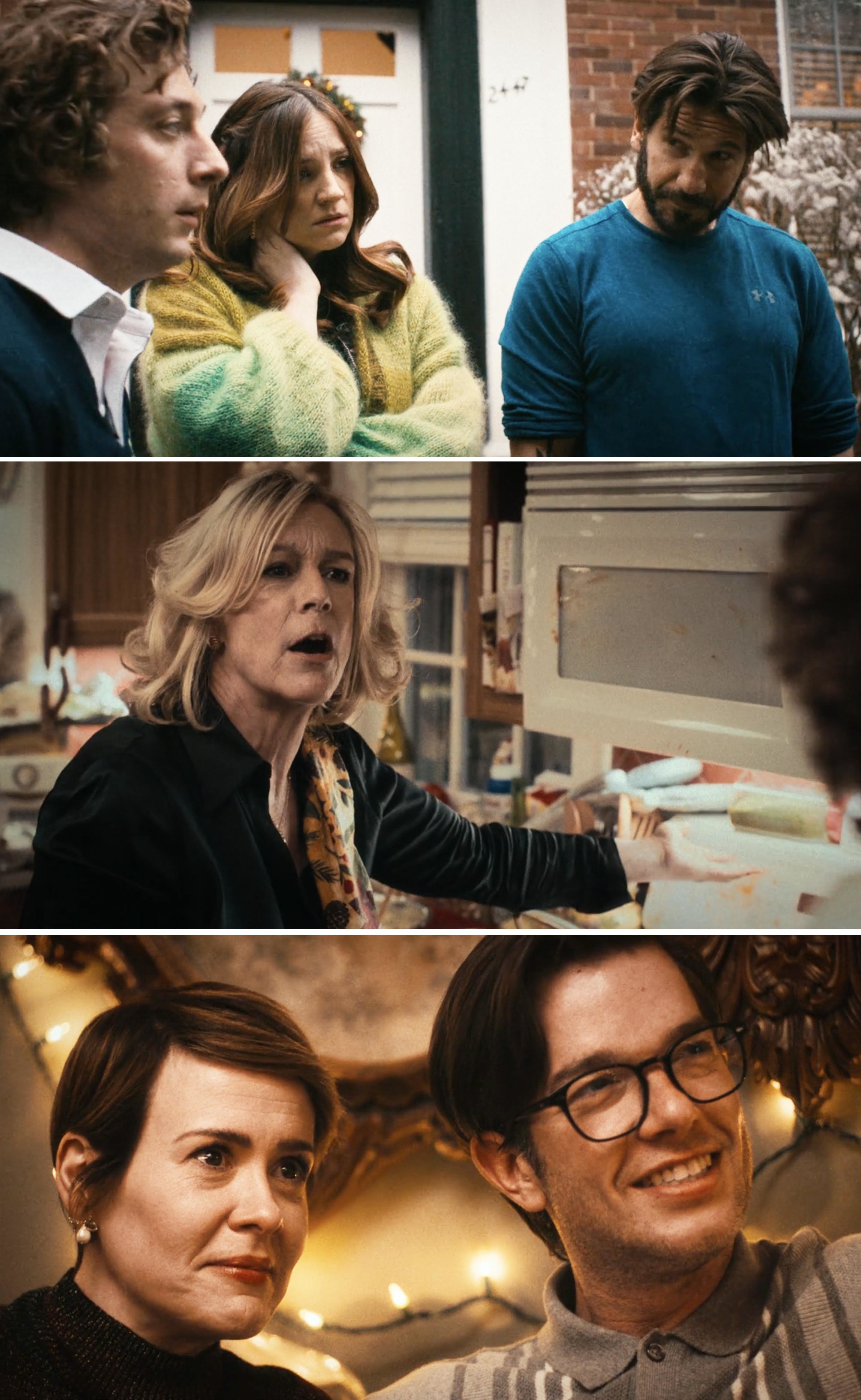 Richie, Carmy, Sugar, and Jon Bernthal who plays Mikey standing around during the family Christmas dinner. Jamie Lee Curtis, Olivia Colman and John Mulaney make guest appearances as members of the Berzatto family