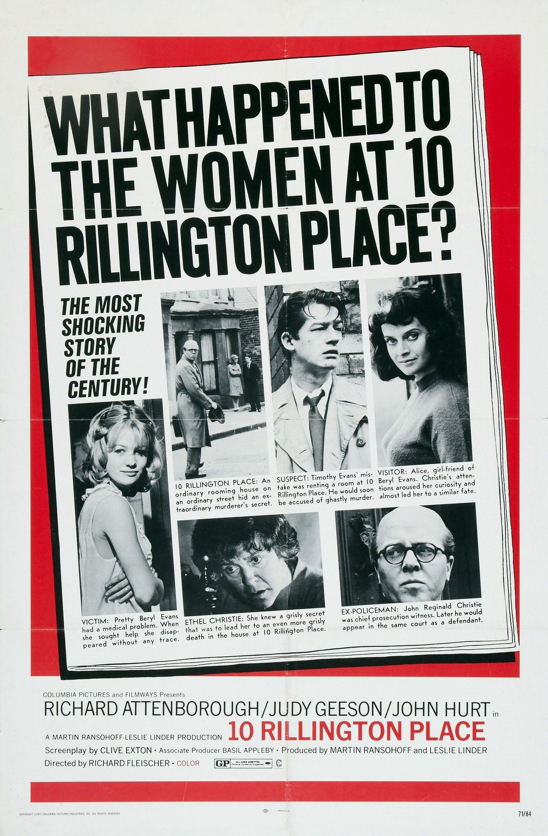 Poster image for the film &quot;10 Rillington Place&quot; with photos of the cast pictured in black and white on a newspaper cover page with the words &quot;What Happened to the Women at 10 Rillington Place&quot; as the headline