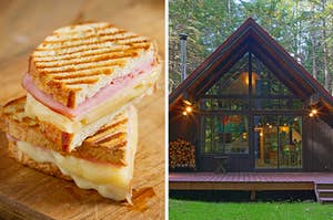 On the left, a ham and cheese panini, and on the right, a modern cabin in the woods