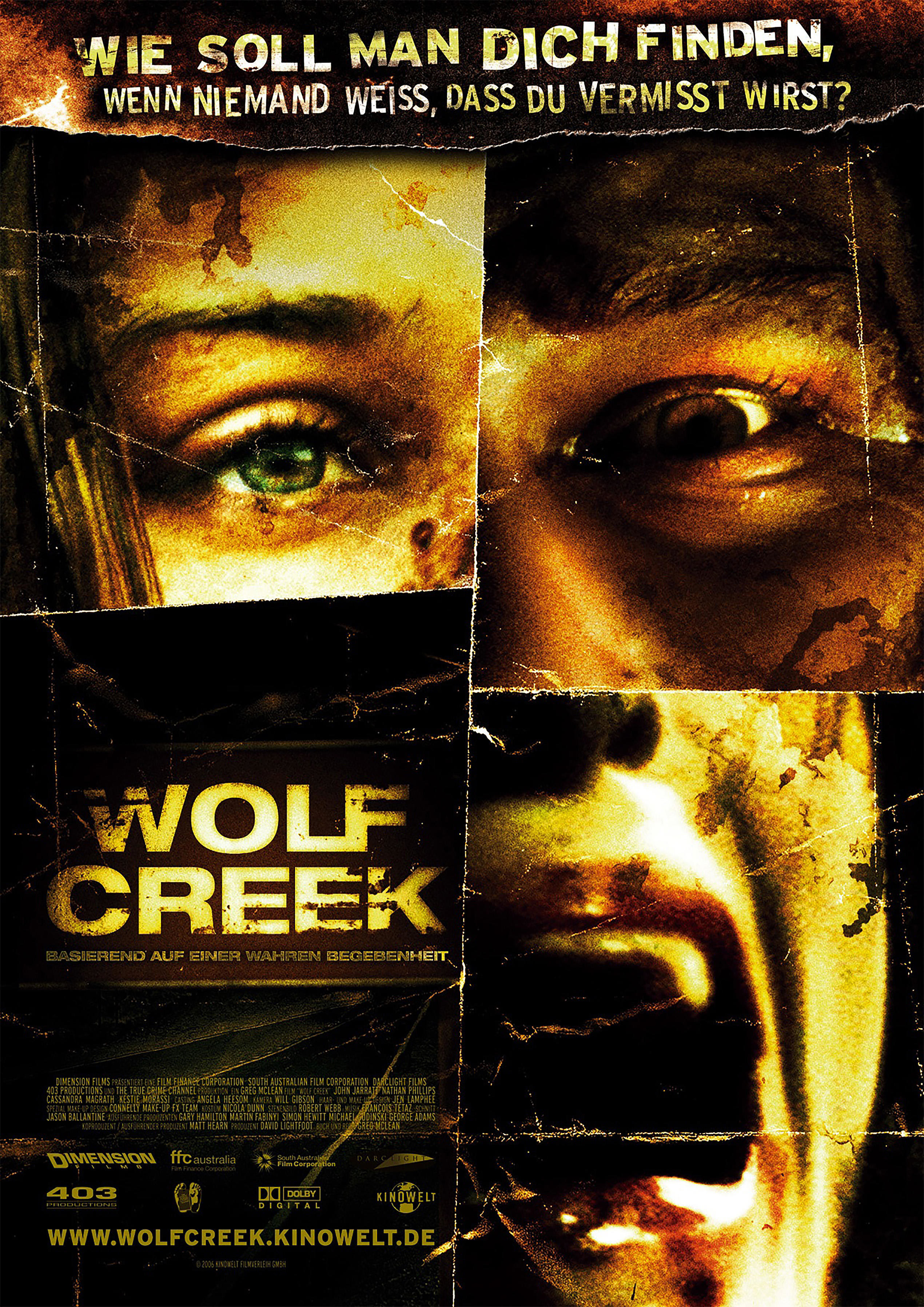 Poster image for the movie &quot;Wolf Creek&quot; depicting four faces stitched together to create one screaming face