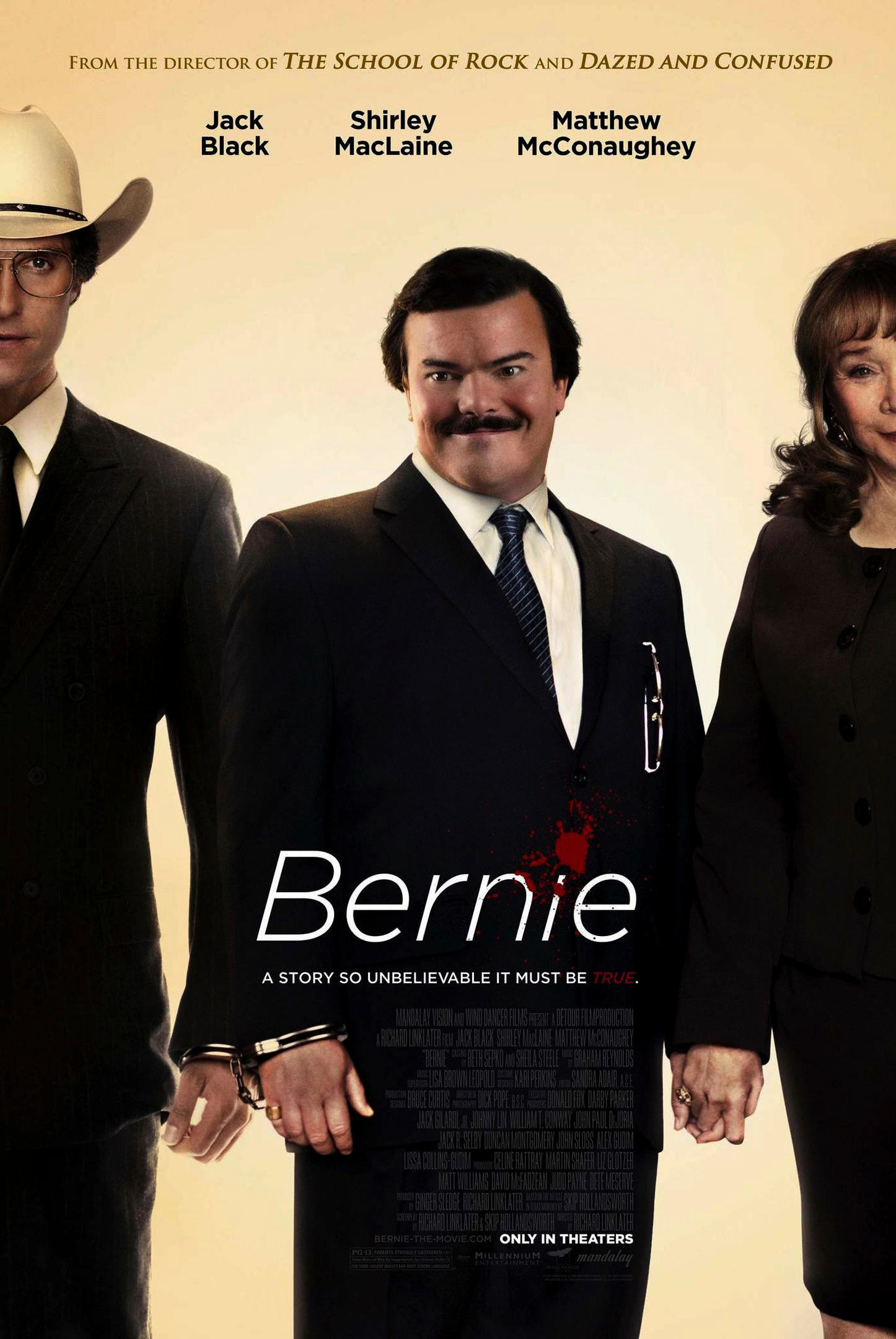 Poster image for the film &quot;Bernie&quot; with Bernie, depicted by Jack Black, standing between Shirley MacLaine and Matthew McConaughey with an awkward smile