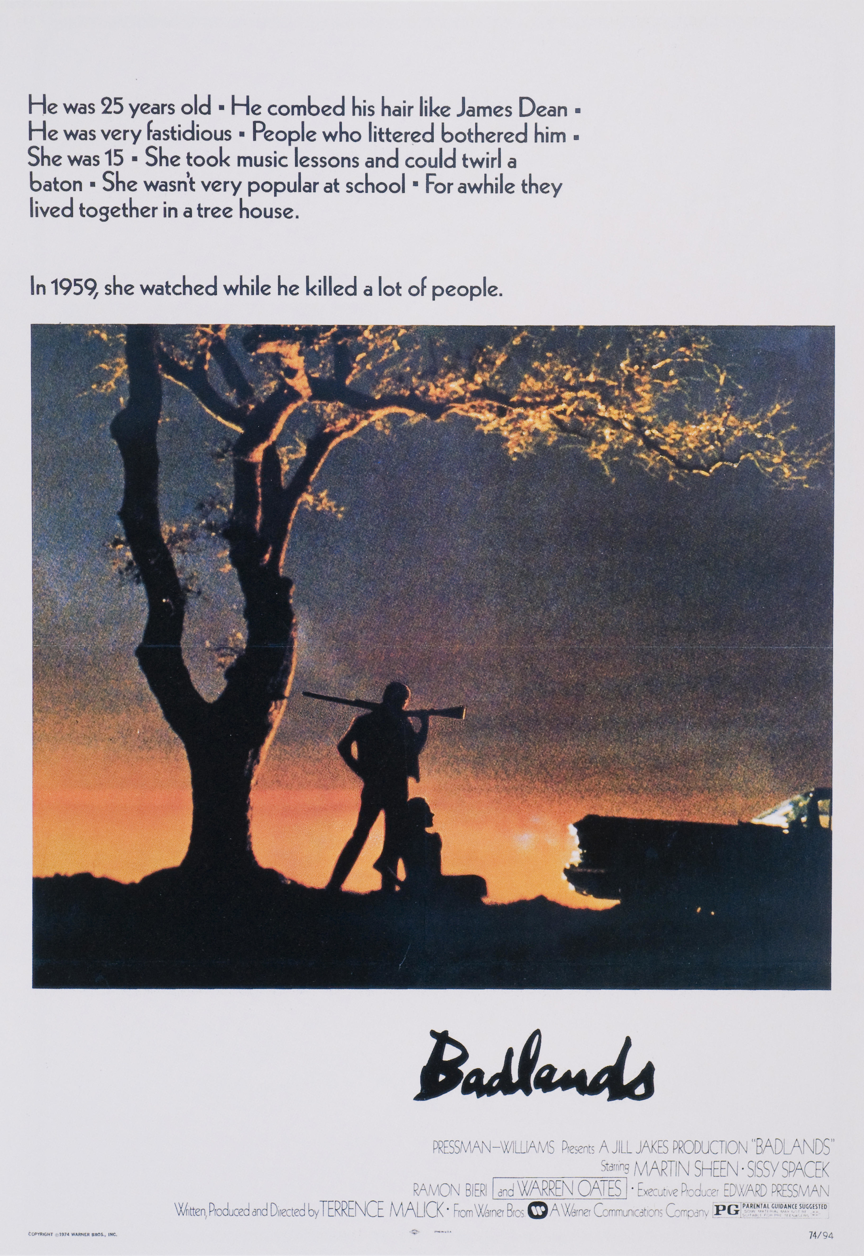 Poster image for the film &quot;Badlands&quot; depicting the two lovers standing in silhouette beneath a tree; one of them is holding a shotgun