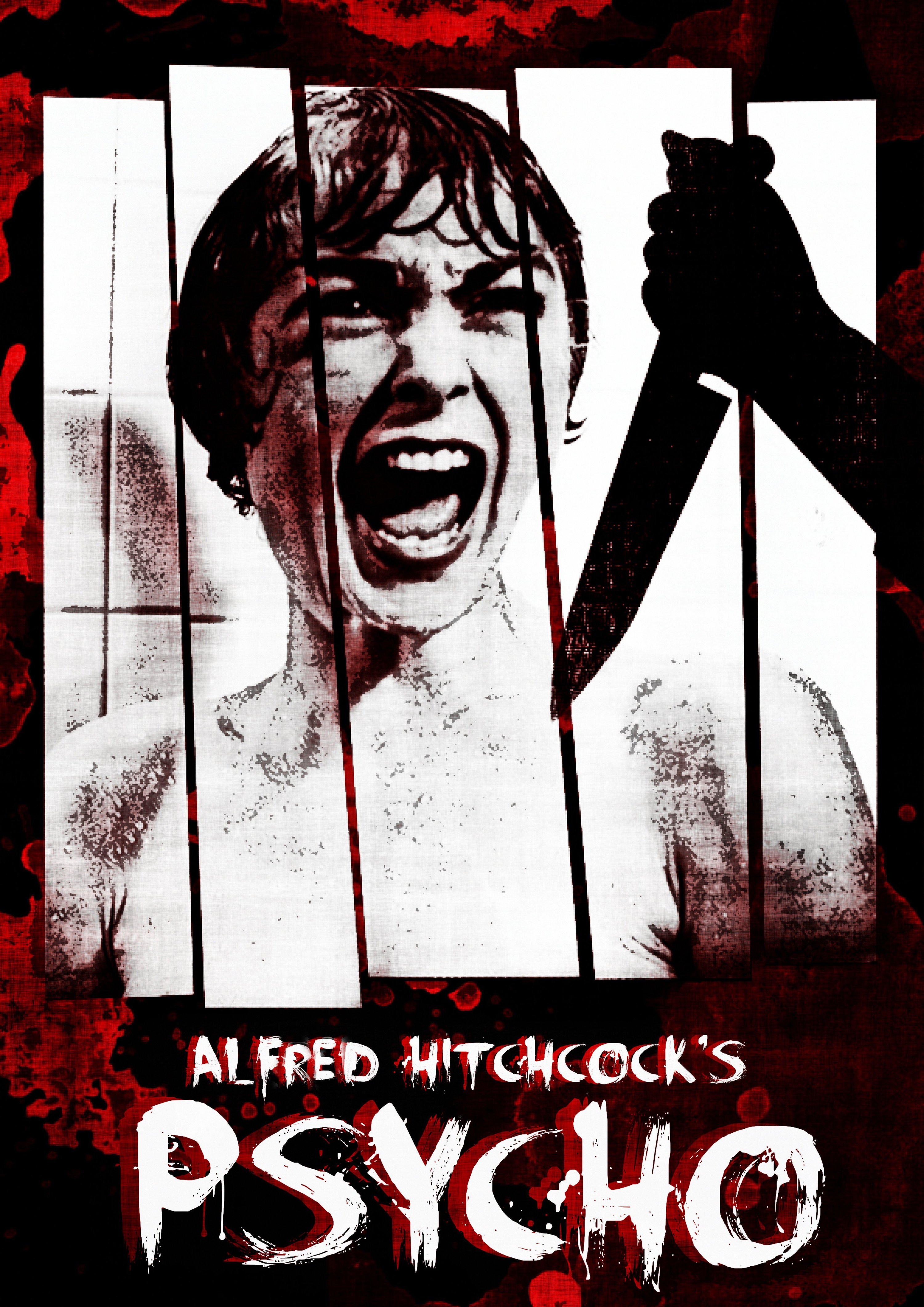 Poster image for the movie &quot;Psycho&quot; depicting Janet Leigh in the shower screaming as a hand with a kitchen knife looms over her
