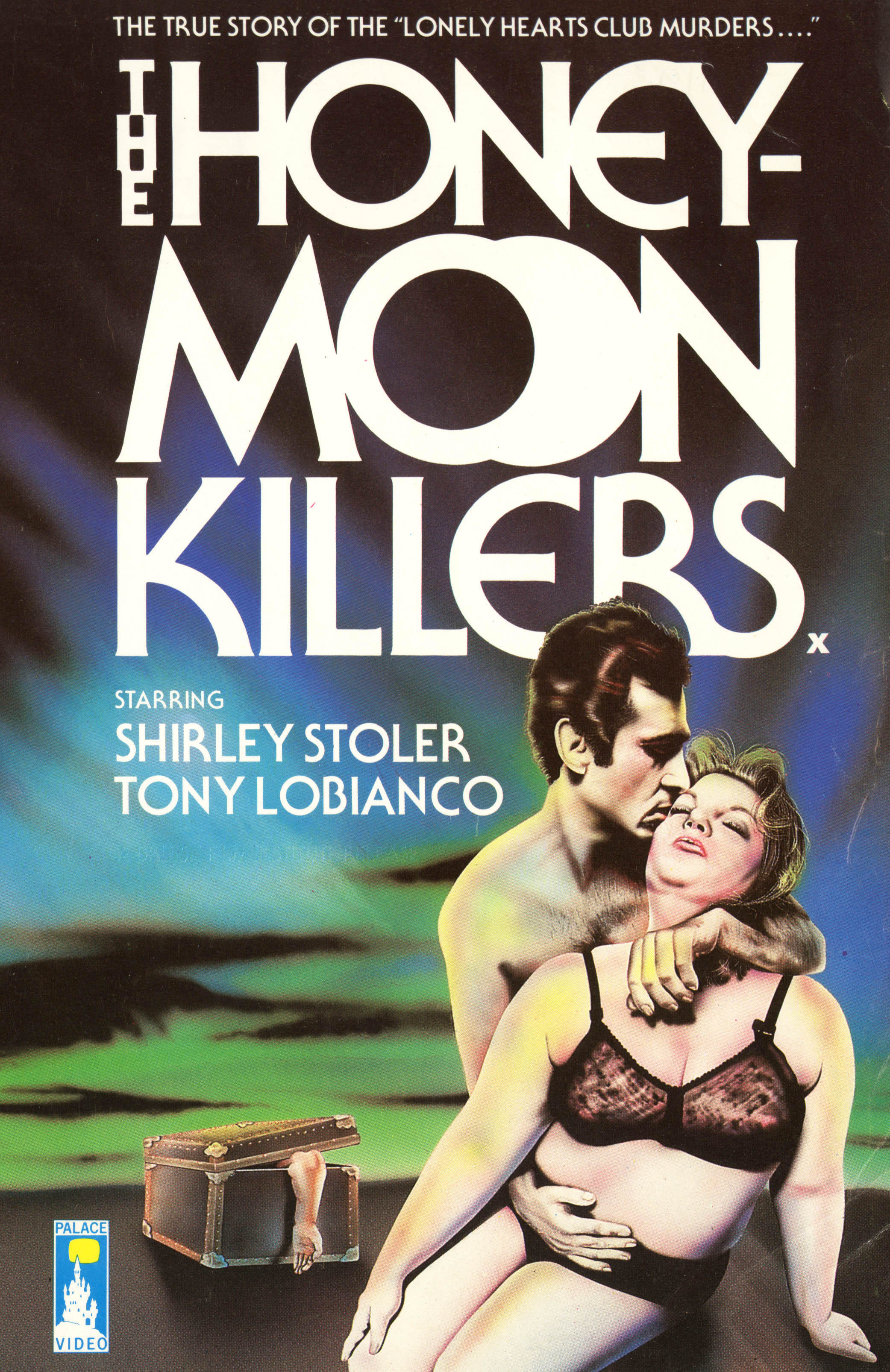 Poster image for the movie &quot;The Honeymoon Killers&quot; with a painting depicting the two lovers embracing; the woman is wearing lingerie and the man is seemingly nude, and there is a box behind them with an arm coming out