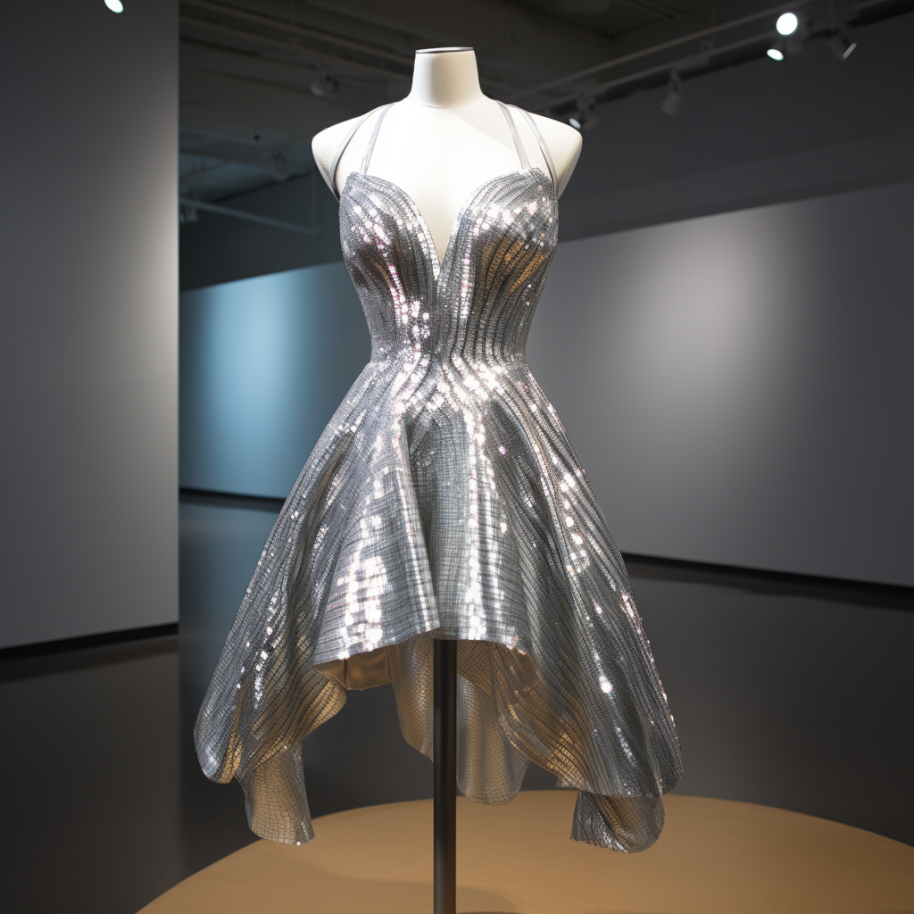This dress is made from shimmery silver that shines because of the light it reflects