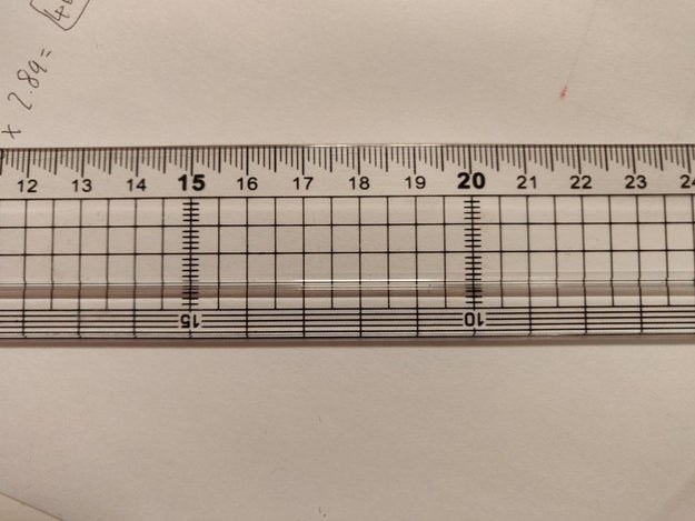 A clear ruler with millimeter marks of different lengths