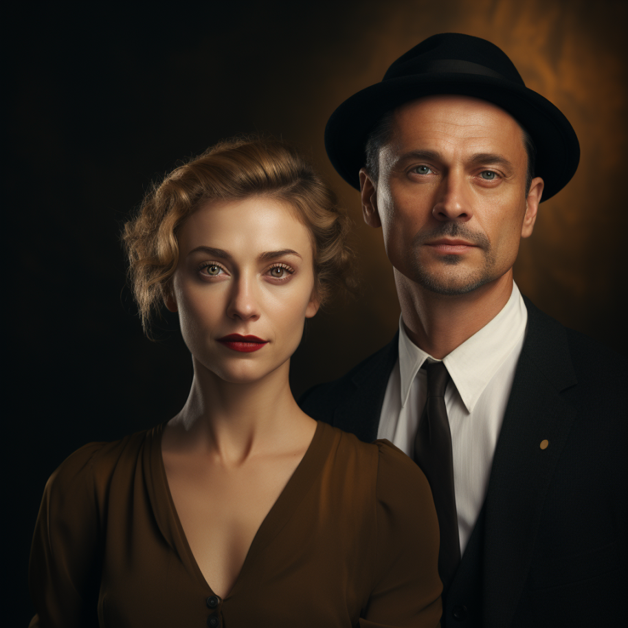 blonde woman with red lipstick and light eyes and a man wearing a bowler hat and shirt and tie