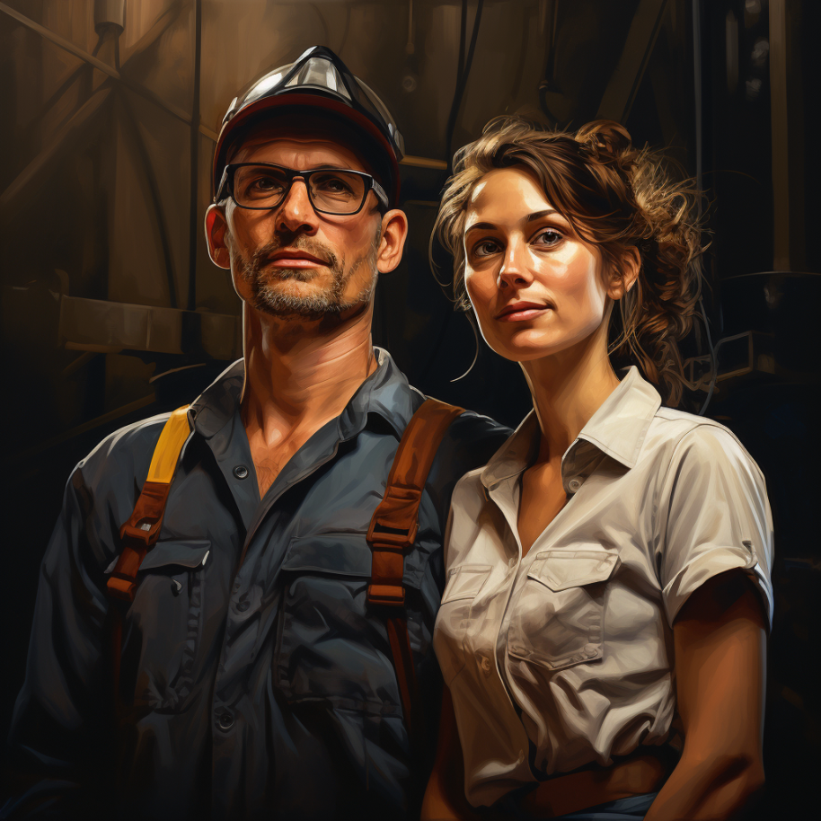 man wearing a hard hat and glasses with short facial hair and a woman in a short-sleeved button-down and brunette hair pulled back in a messy ponytail