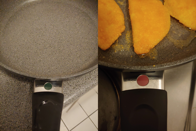 A frying pan with a circle that changes color after it is heated