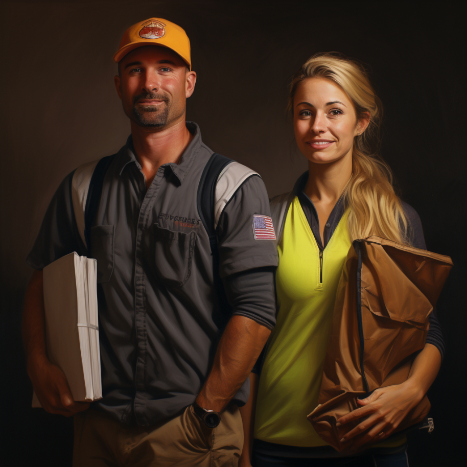 muscly man wearing a baseball cap and carrying a package and a woman in a bright top with hair in a low ponytail