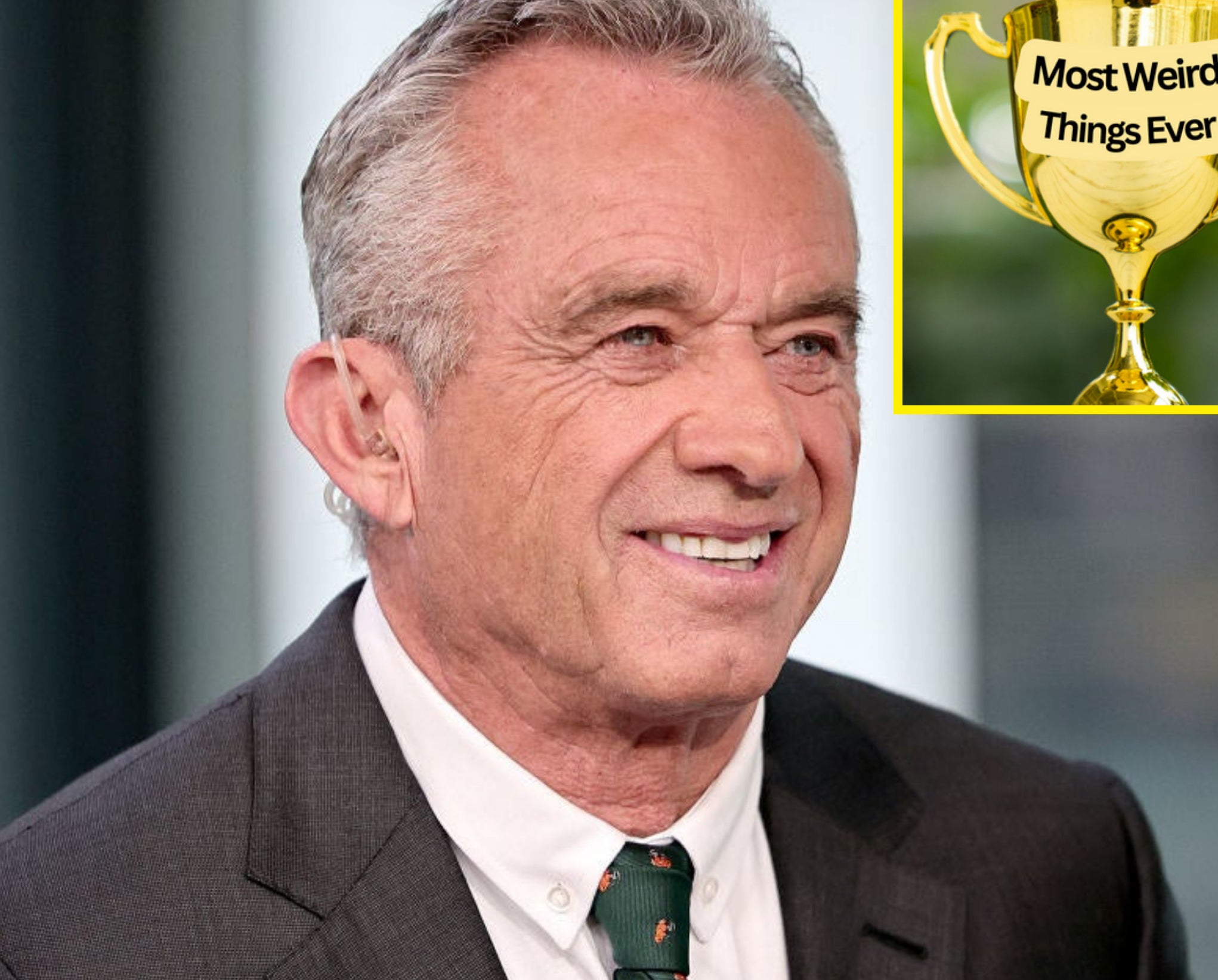 A closeup of RFK Jr. with an inset image of a trophy