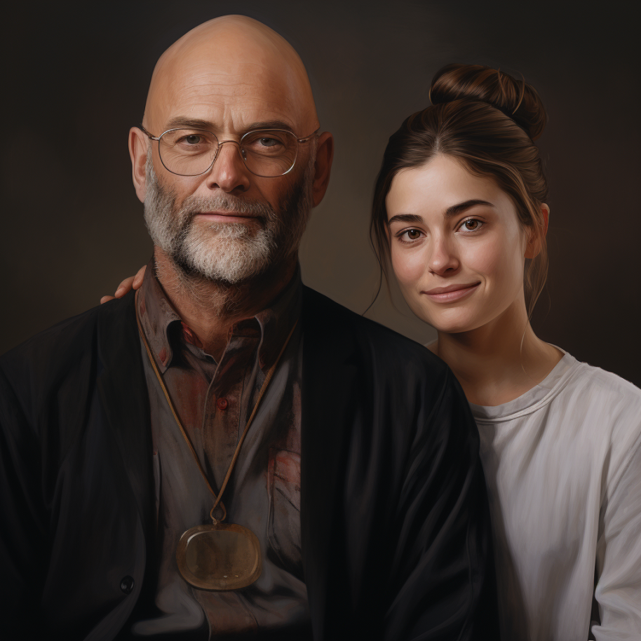 older balding man with a large necklace and sweater wearing glasses and a younger woman in a basic top and messy bun
