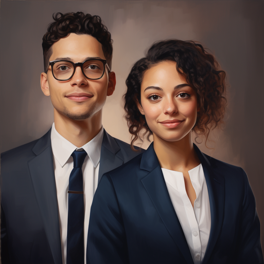 man and woman with curly hair wearing suits