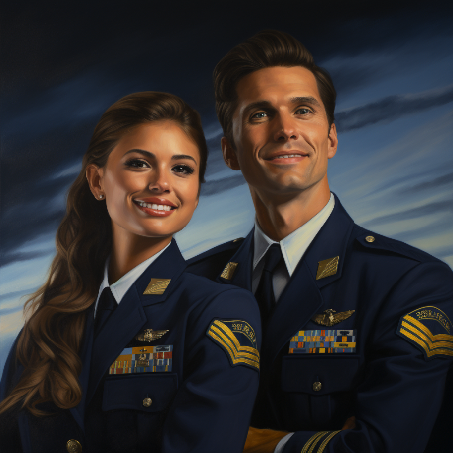 man and woman in pilot&#x27;s uniform, both brunette and good-looking, smiling