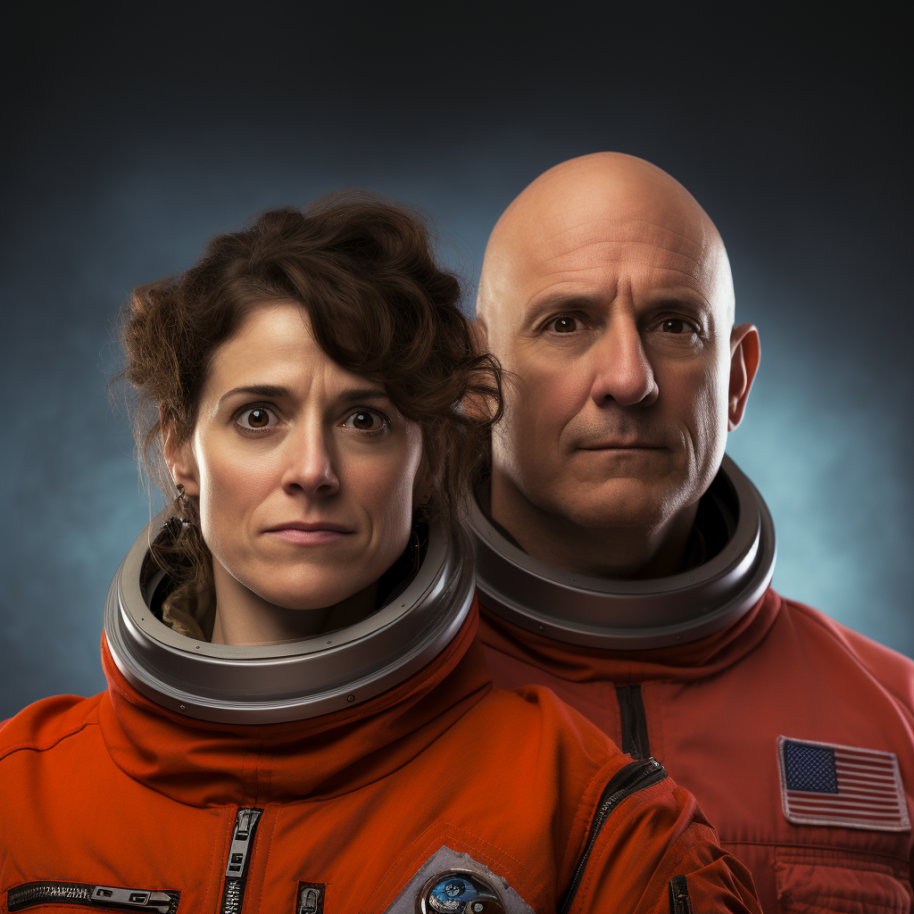 older looking man and woman in an astronaut uniform
