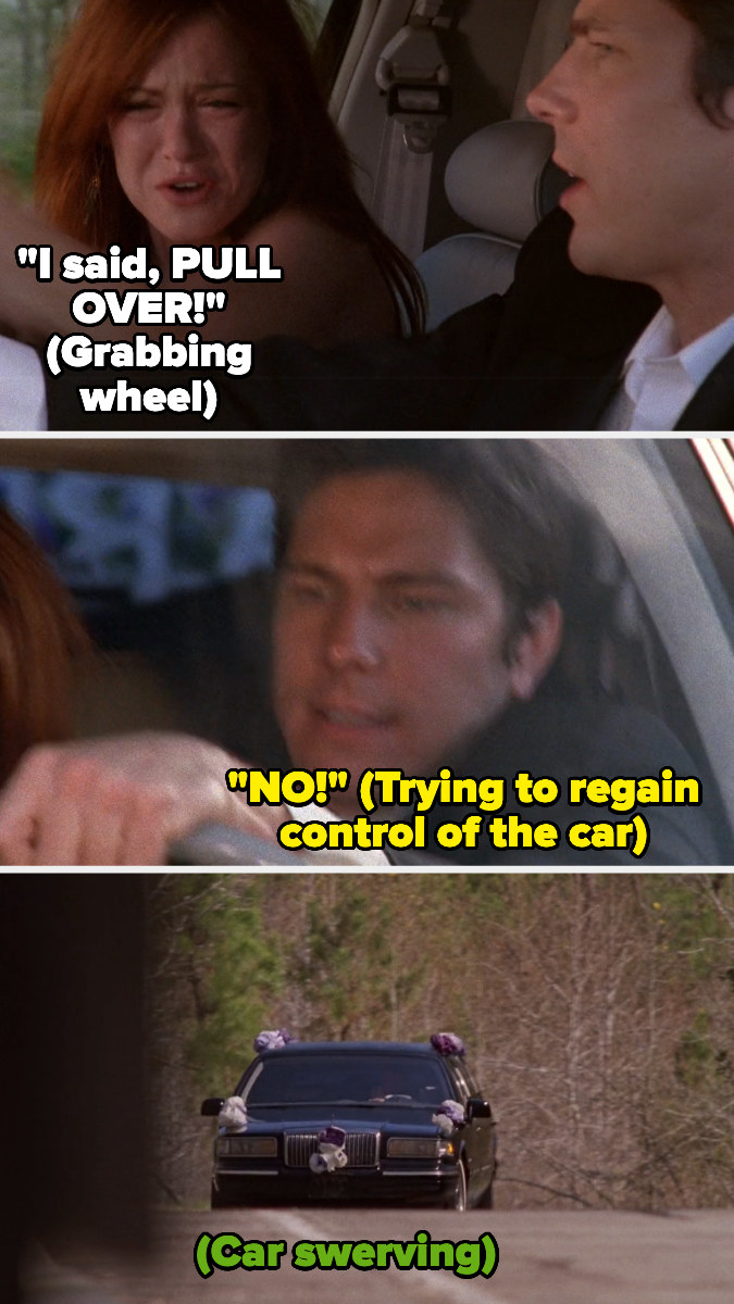 person reaching over for wheel and the driver saying while the car swerves on the road