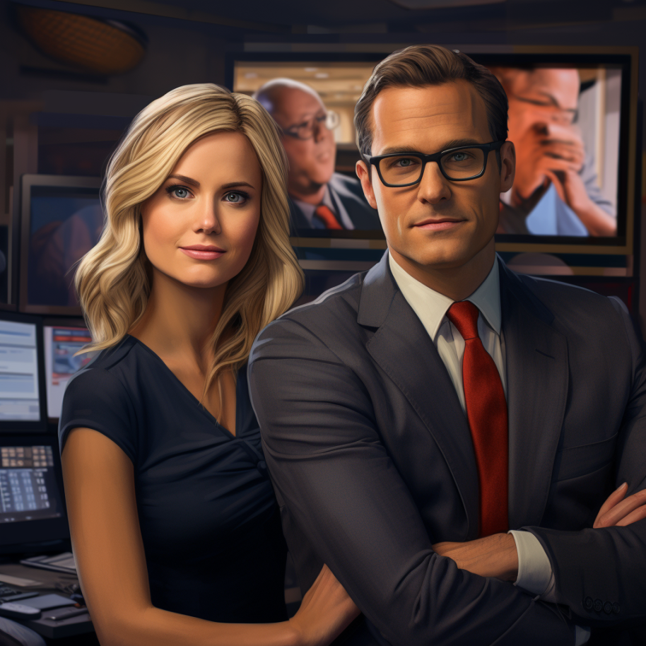 attractive blonde wearing a dress and an attractive man wearing a suit and glasses