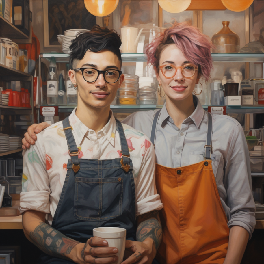 man with tattoos and glasses with longer hair on top with shaved sides and woman wearing glasses and big hoops with short pink hair, both wearing aprons