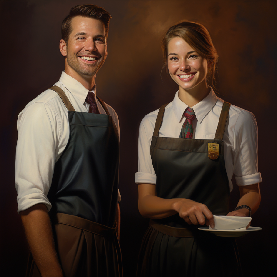 younger man and woman wearing aprons on top of button-down tops and ties