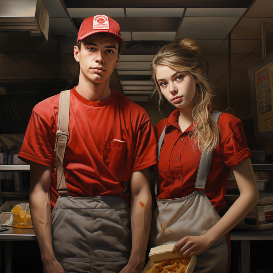 young, maybe teenage, boy and girl wearing uniforms with food stains