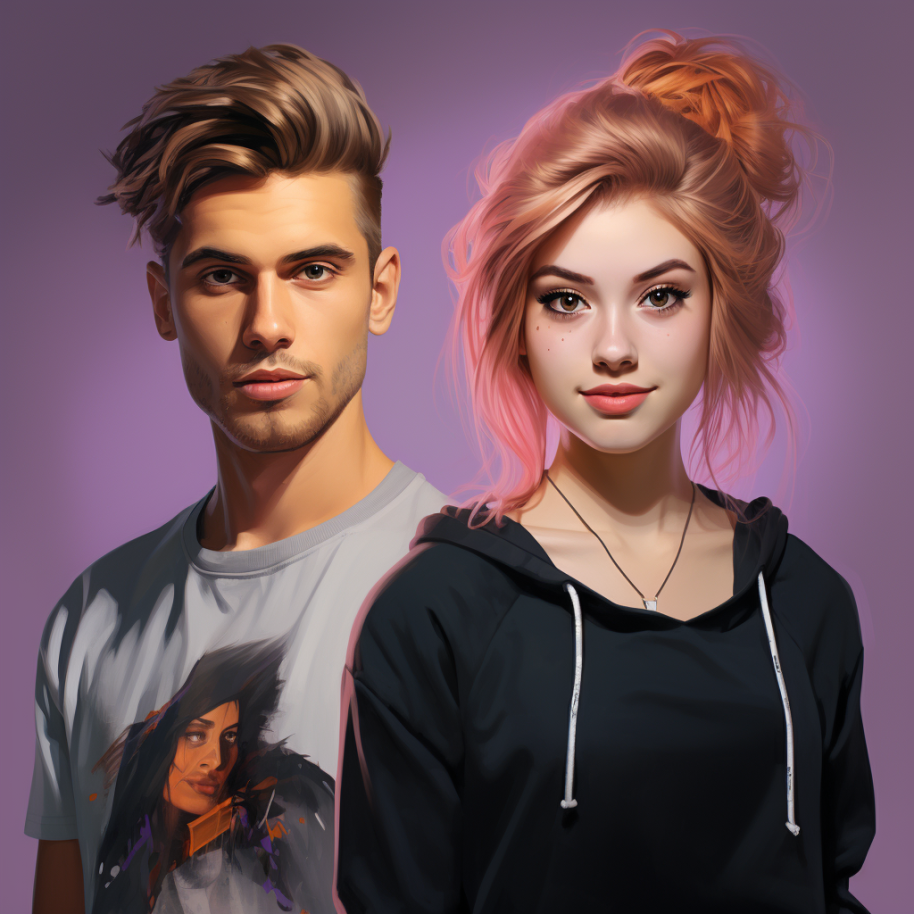 young-looking guy and woman, the guy wearing a tee with a person&#x27;s face on it and longer blonde hair swept to the side and the girl wears a hoodie and long blonde hair pulled loosely in a messy bun
