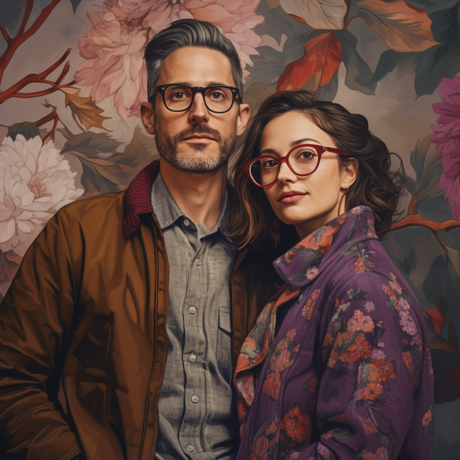 man with greying hair and beard and glasses wearing a jacket over a button-down and woman with short wavy hair wearing red glasses and a floral jacket