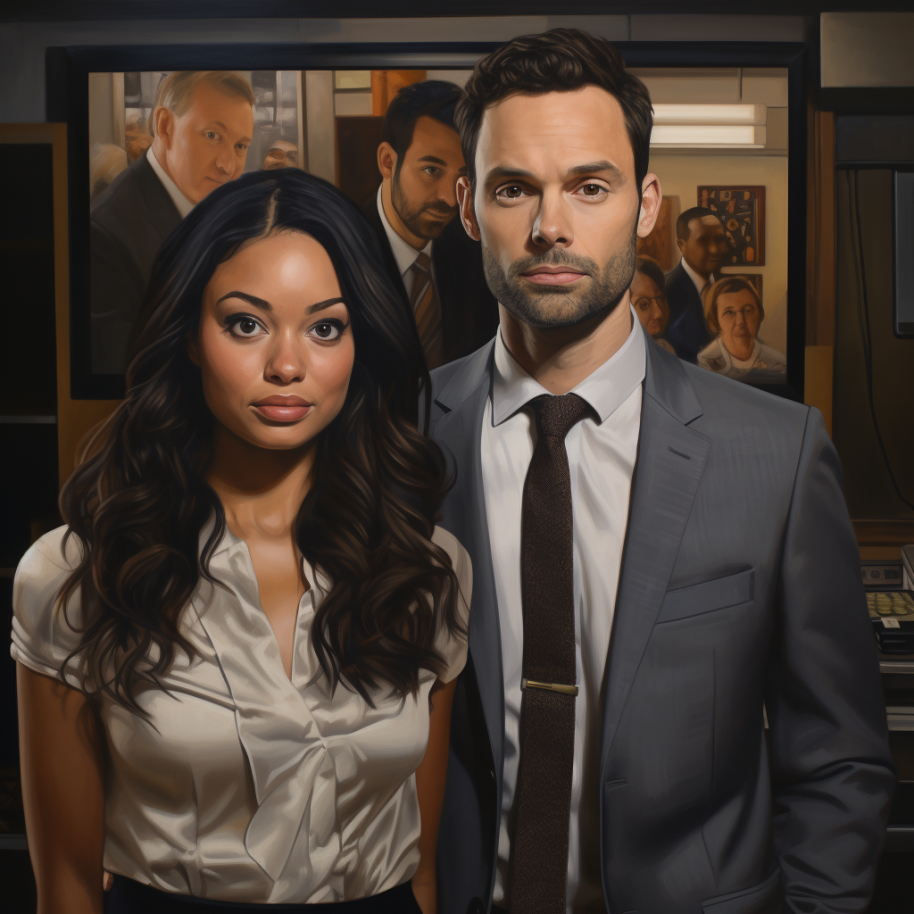 serious-looking woman with dark curled hair wearing a silk button-down and man with dark hair and scruff wearing a tie and blazer