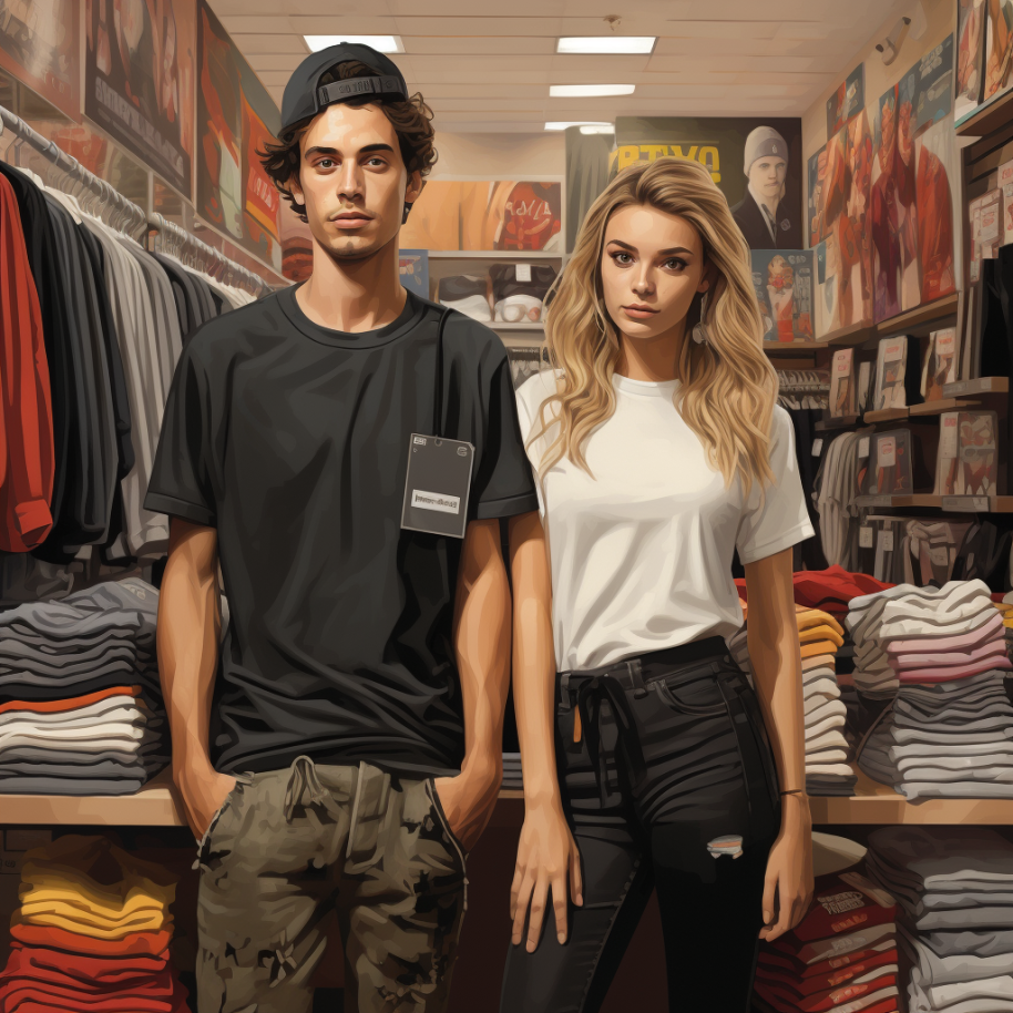 very cool teens wearing a basic tee and pant combo, the girl is blonde and the guy is taller with long brown hair covered by a backwards cap