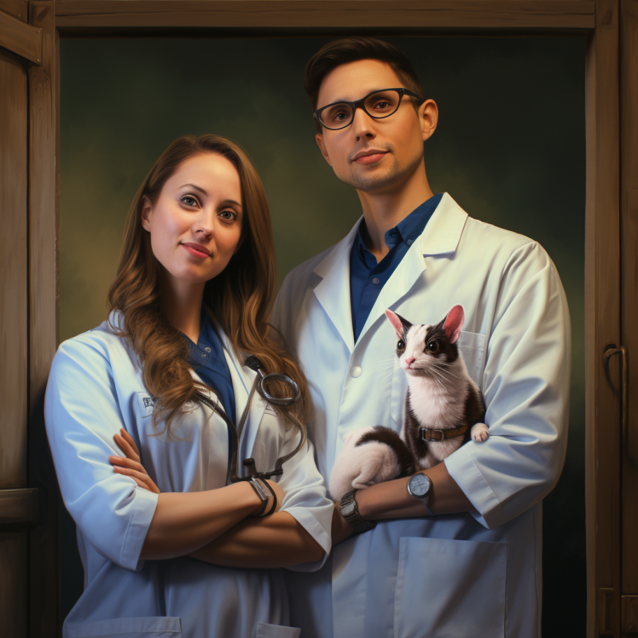 woman with long brunette hair wearing a white coat and taller man wearing glasses in the same coat holding two cats