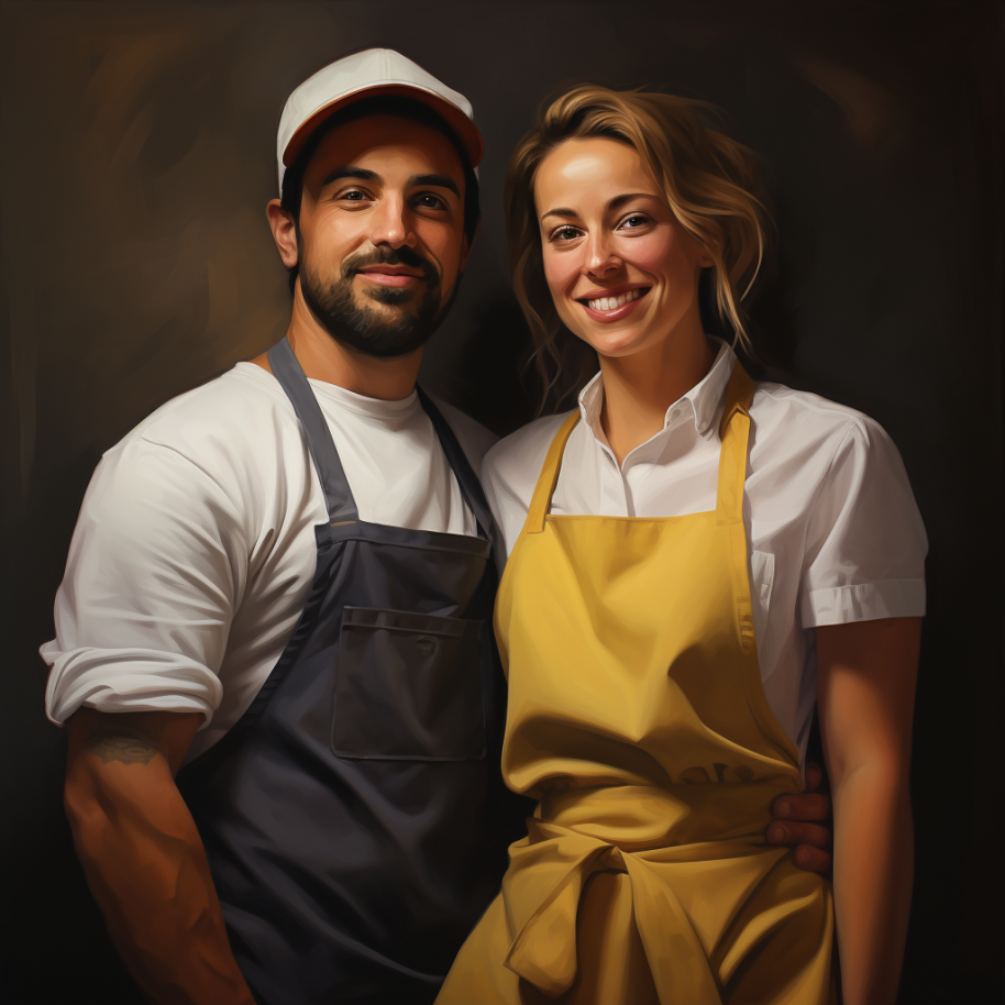 man and woman wearing aprons, the man wearing a baseball hat and the woman with blonde hair pulled back and some curled pieces framing her face