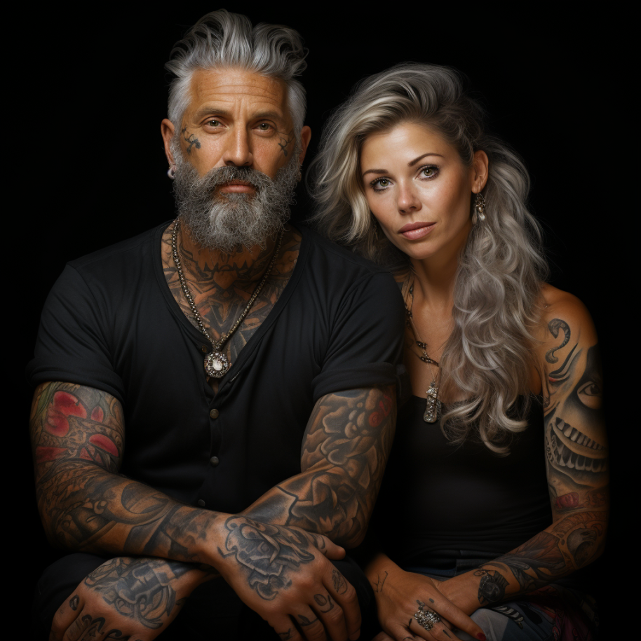 older man with a full grey beard and hair covered in tattoos and a woman covered in tattoos with long curled hair