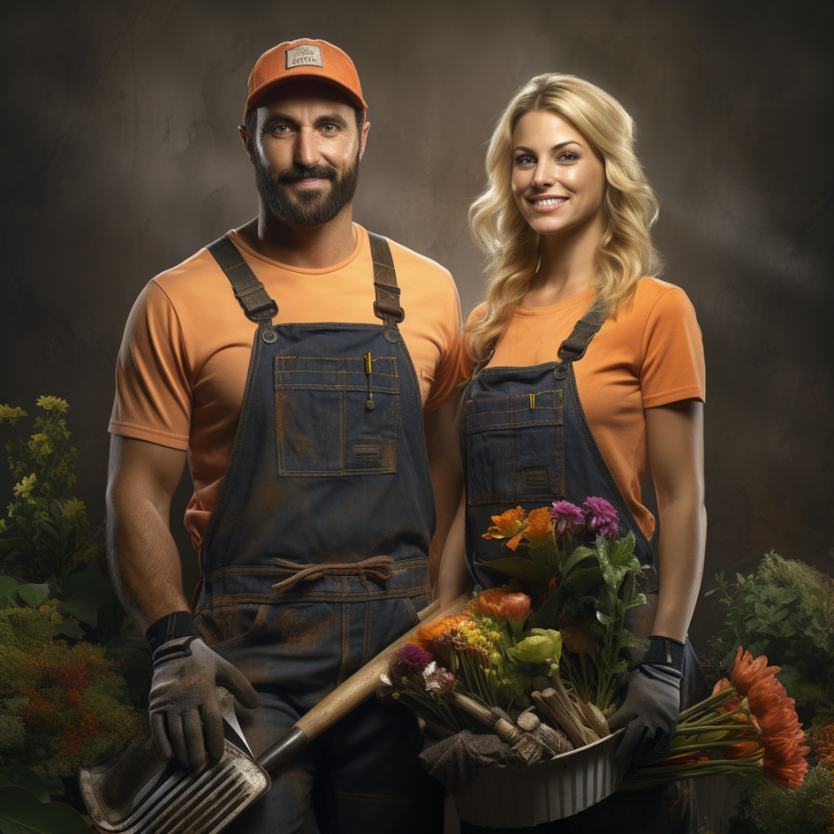 muscly man with a full beard wearing overalls, gloves, and a baseball hat and blonde woman wearing gloves and overalls as they stand with flowers and tools